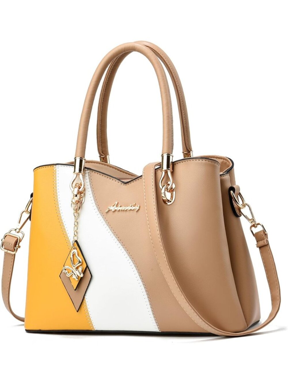 〽️Women Khaki White Medium Leather Top Handle Crossbody Satchel Shoulder Handbag